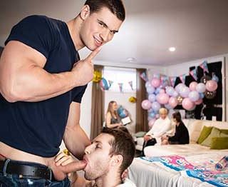 Benjamin Blue is giving his straight friend Malik Delgaty and his wife the gift of decorating for their gender reveal party, but he bends over and splits his pants just as he finds a dildo under the couch.