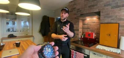 This is a video where the person filming has a watch that stops time. The bobby is there to search for it but instead gets it used on him.