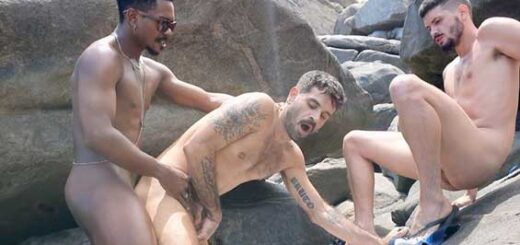 FERNANDO BRUTTO finds LUCAS BLARD jerking off at the gay Brazil beach and quickly gets to work on his cock. THOMAS BLACK discovers the men fucking and joins in.