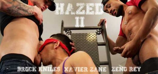 The Frat House is at it again. This time frat brothers Xavier Zane and Brock Kniles team up on their beefy pledge, Zeno Rey. They tie him up with rope, lock his head and hands in a stockade, and shove a metal hook in his ass.