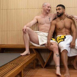 Boyfriends Evan and Diego treat themselves to a sauna after their hard workout. They have the space to themselves and soon start stroking their cocks under their towels!